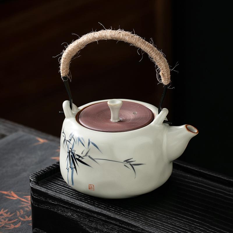 米黄汝窑茶壶家用大号提梁壶茶具陶瓷单壶手绘青花瓷泡茶器煮茶壶