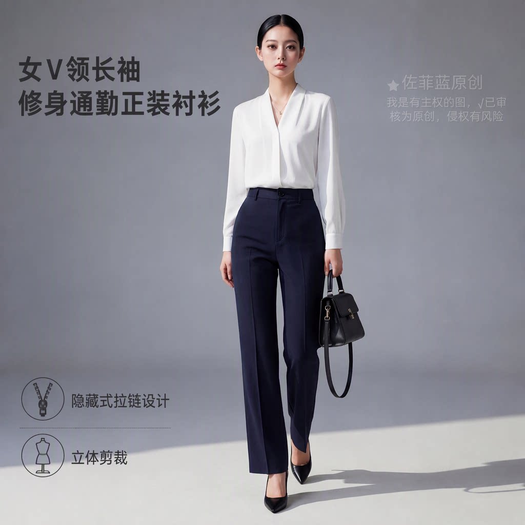 佐菲蓝旗舰店职业装女长袖V领轻奢通勤修身衬衫套头正装工作服