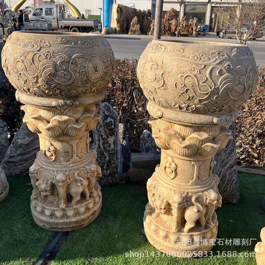汉白玉复古花盆 仿古纯手工雕刻盆柱墩室内装饰放花养花雕塑摆件
