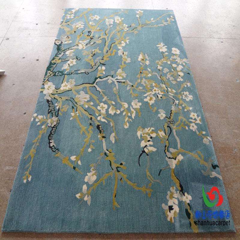 新西兰进口羊毛艺术抽象蓝色梅花水墨画中式客厅茶几地毯卧室大厅