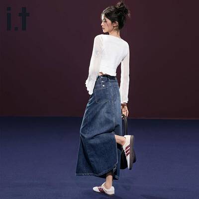 it izzue复古蓝高腰牛仔半身裙女2025年新款后开叉显瘦包臀半身裙