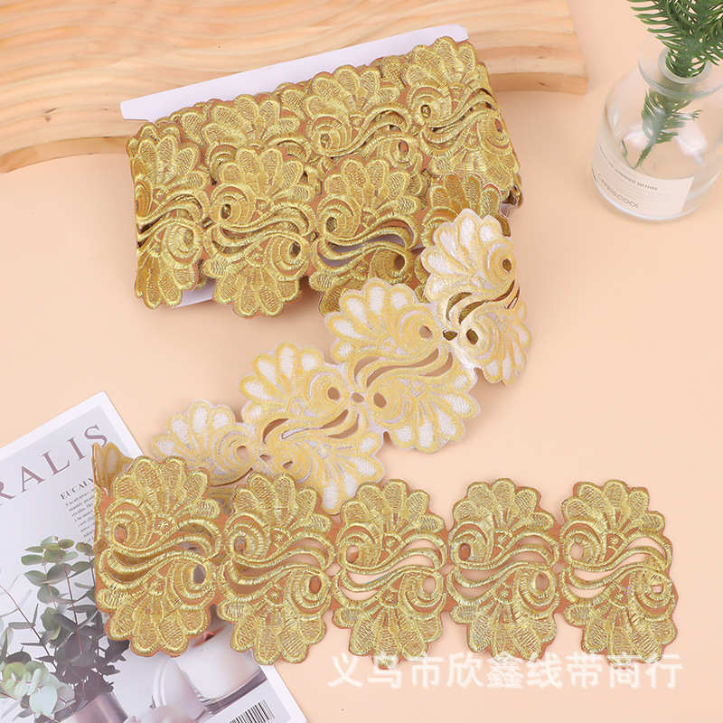 厂家直销 波浪花深浅金色线刺绣花边 古风镂空服装辅料 DIY配件料