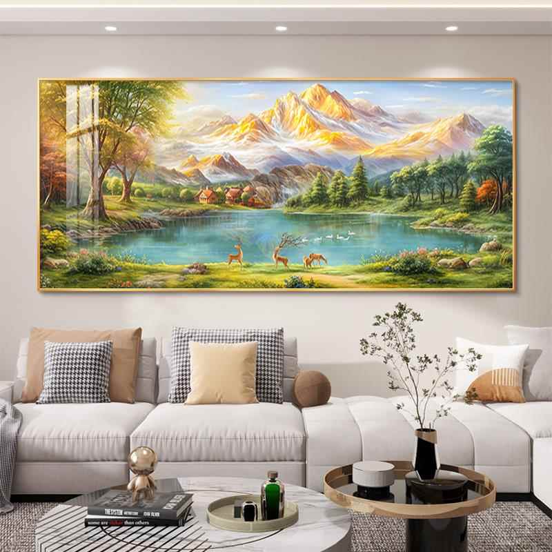 聚宝盆山水图画靠山客厅挂装饰画轻奢发高级感沙背景墙画新款定做