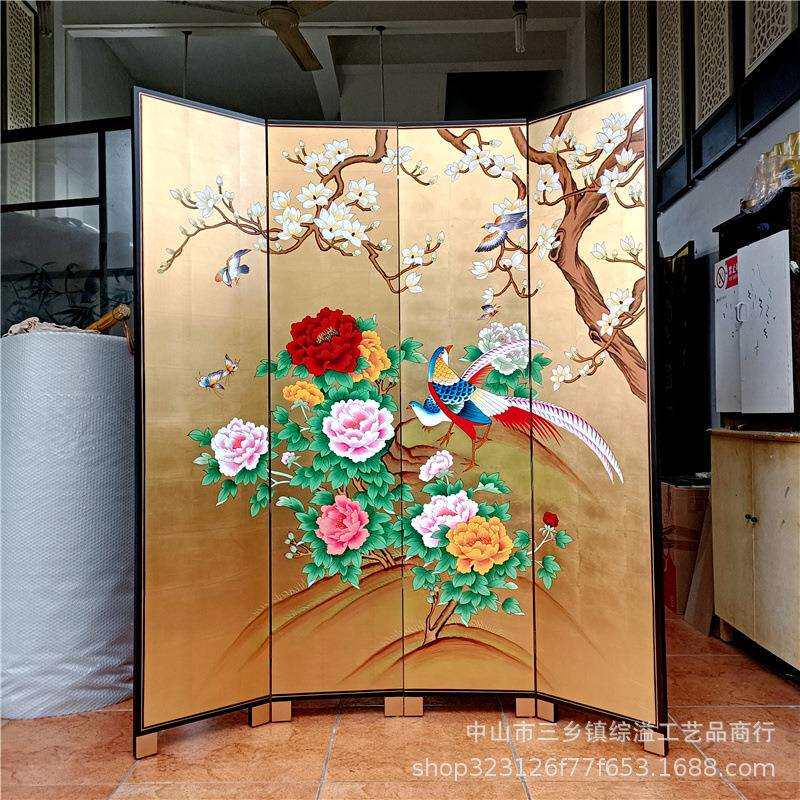 金箔屏风手绘锦上添花中式客厅办公室茶室背景隔断实木可移动折屏