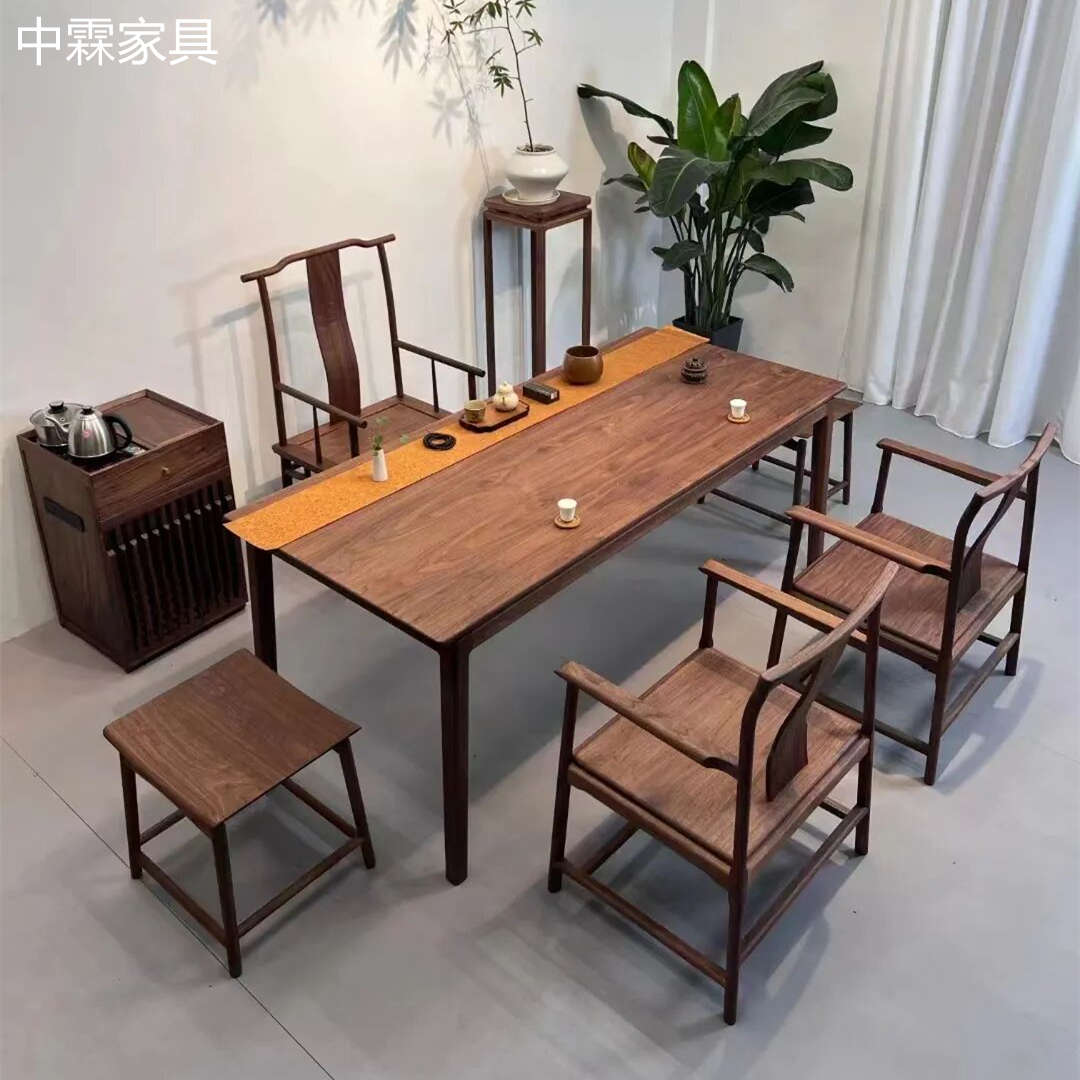新中式茶桌全实木办公桌书桌茶台客厅长茶桌禅意休闲茶座茶桌椅
