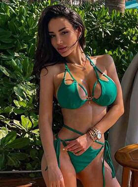 Brazilian Bikini Swimsuit for Women, Ring Linked Halter,