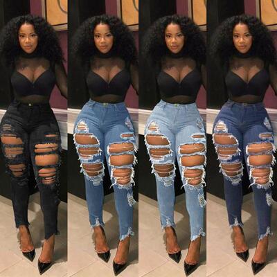 Color Ripped Jeans Casual Pants Daily Wear Women Clothing