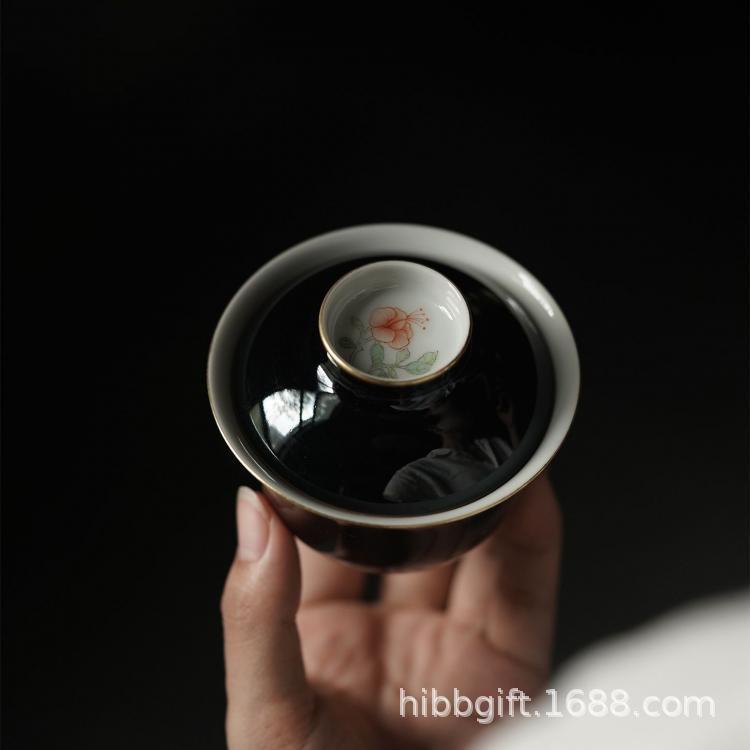 赋山堂黛墨秋葵盖碗手绘纯手工单个陶瓷家用小号泡茶碗