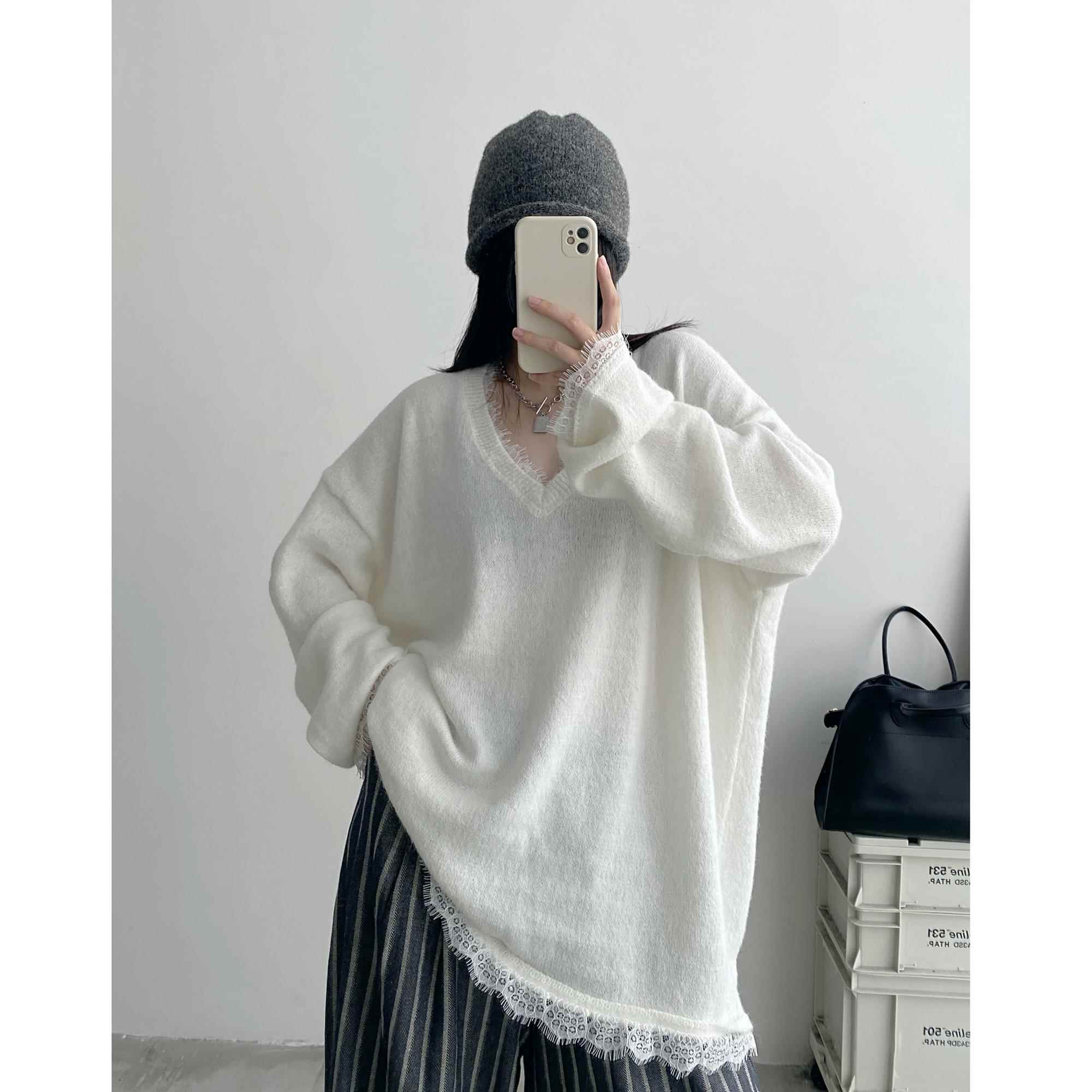 sun柚白色毛衣女拼接蕾丝边宽松春秋季设计感慵懒针织衫独特上衣