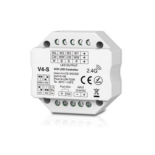 V4-D 12-24V RGBW/RGB/双⾊温/调光4通道频率可调导轨式 RF控制器