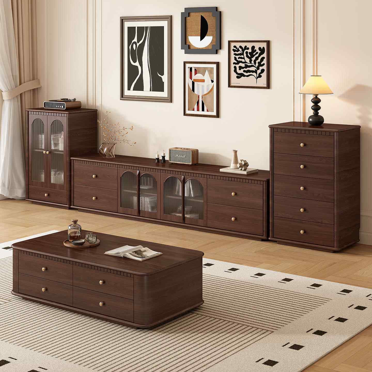 法式复古纯实木落地电视柜茶几客厅家用收纳储物柜一体中古风新款,住宅家具,电视柜,淘宝优惠券,粉丝福利购,淘宝优惠卷