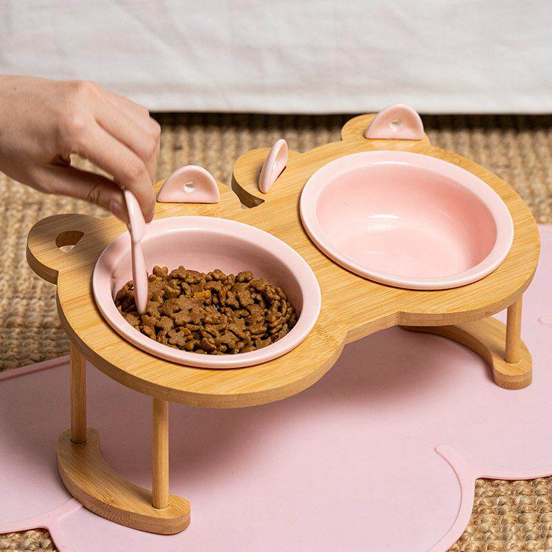 Three bowl integrated cat food bowl, multiple ceramic bowls
