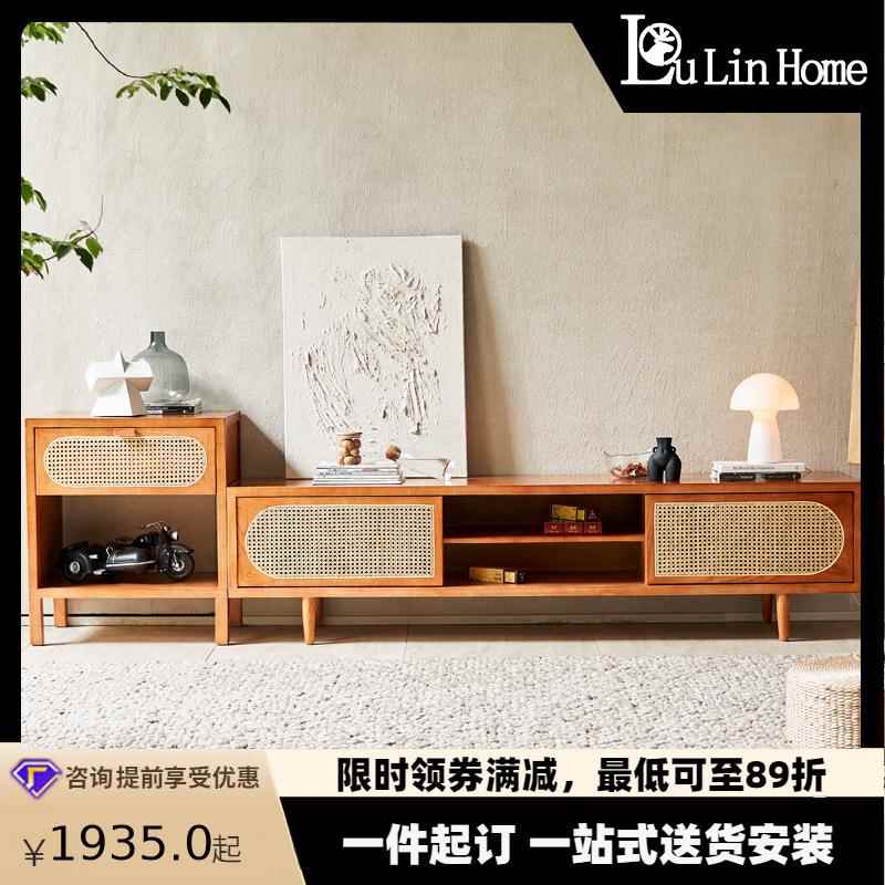 现代简约电视柜藤编加高款组合墙柜客厅小户型北欧实木腿储物柜