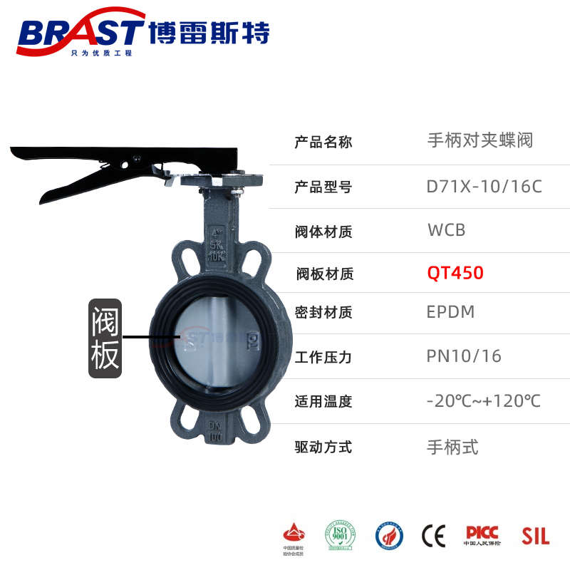 H手柄对夹蝶阀D71XP-10/16C WCB体 QT450/304板 乙丙阀座