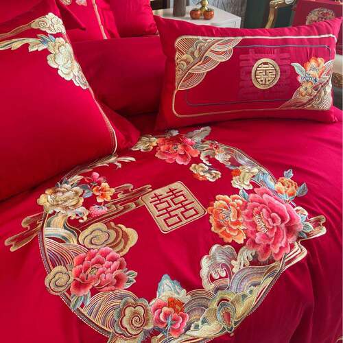 新中式大红色婚庆四件套100S长绒棉被套纯棉床单结婚喜被床上用品