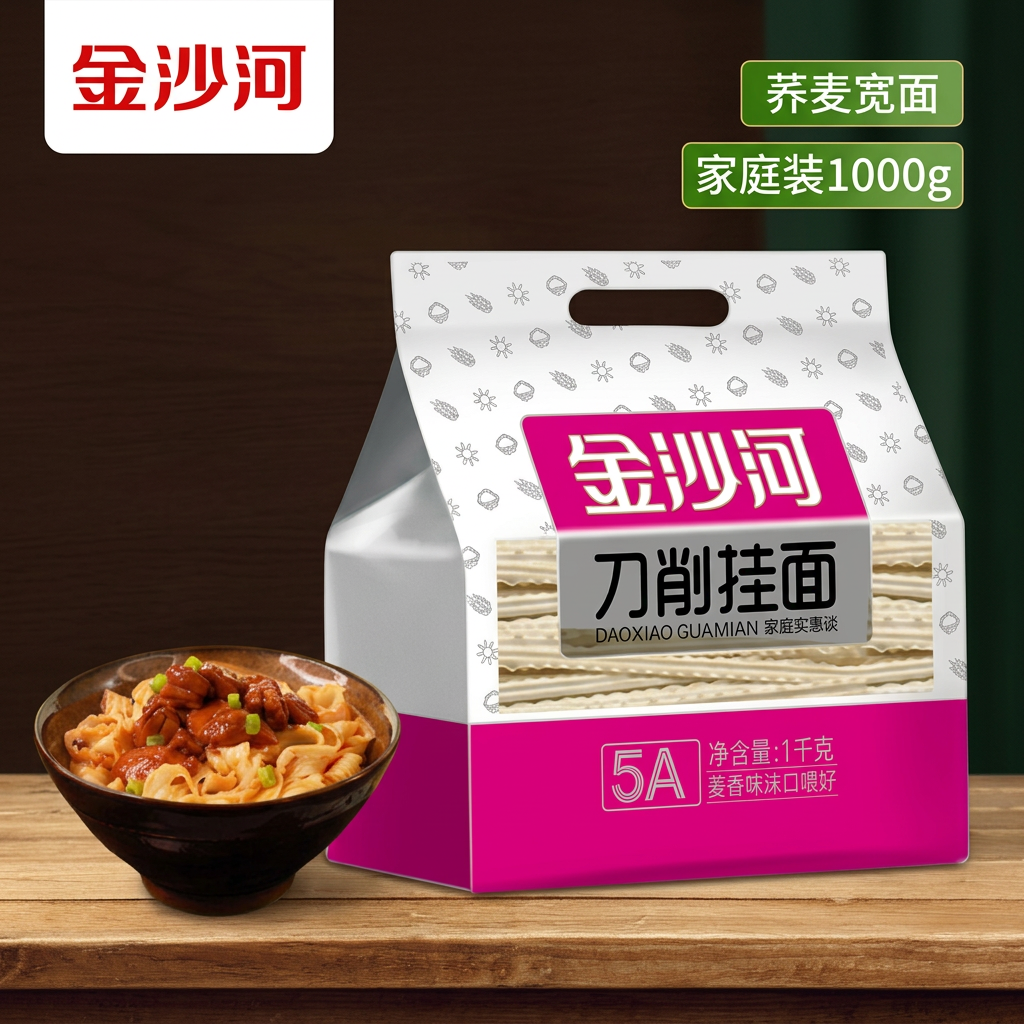 金沙河刀削面片挂面1000g波纹油泼面荞麦宽面家庭装速食早餐面
