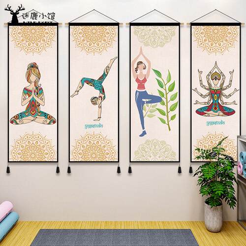 泰式瑜伽馆背景墙装饰画健身房布艺挂画东南亚舞蹈室壁毯走廊挂毯