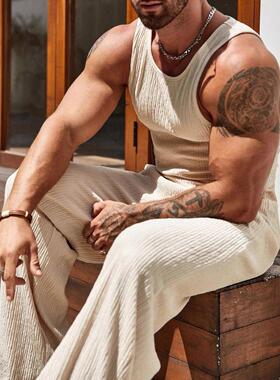 Men Solid Tank Top & Wide Leg Pants Men's 2 Piece Set Casual