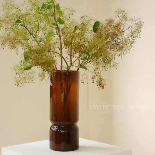 现代简约肌理高级棕色大口径新中式侘寂手工琉璃花瓶花器插花摆件