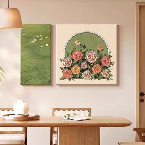 法式中古风餐厅装饰画复古绿色风景餐桌壁画客厅玫瑰花卉艺术挂画