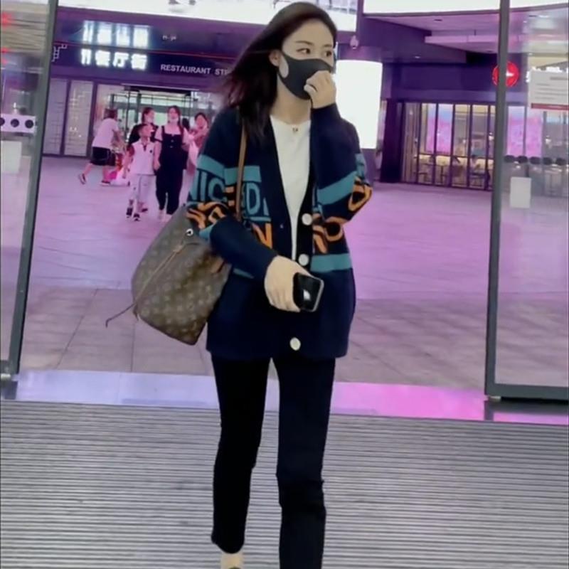 韩国覆古撞色针织衫开 衫2024女秋冬新款百搭宽松长袖毛衣外套上