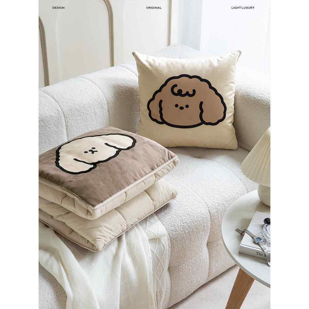 线条小狗可爱抱枕被子毯子二合一两用加厚车用车载靠枕办公室午睡