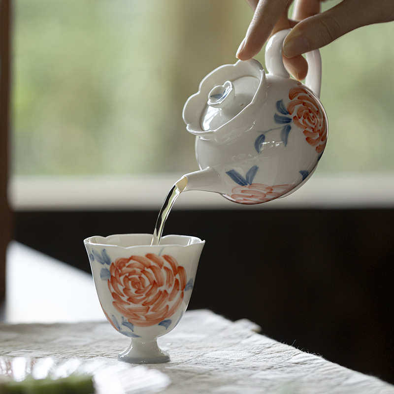 青己玉泥白瓷手绘玫瑰花口茶壶功夫茶具家用球孔过滤手执壶小壶
