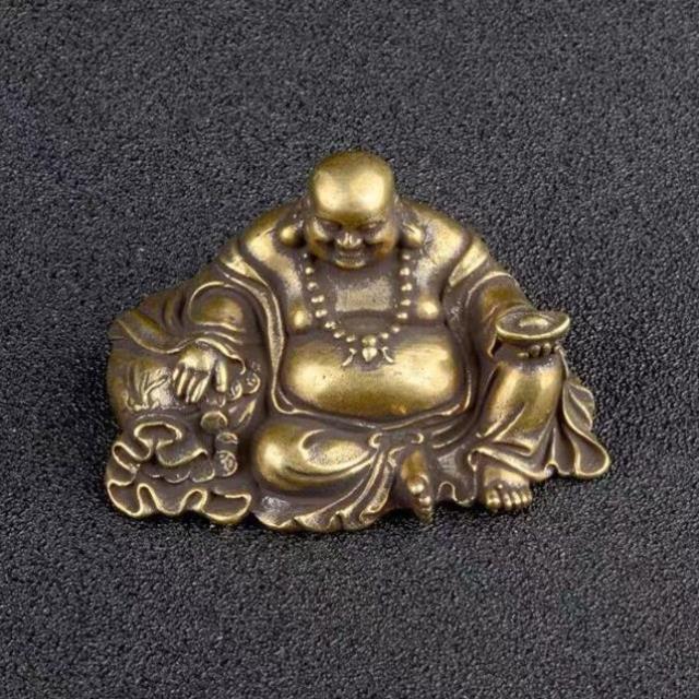 黄铜小弥勒佛摆件纯铜大肚开心佛布袋和尚手把件桌面车内迷你铜件