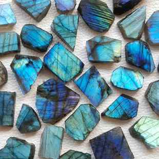 天然水晶强蓝光拉长石月光石单面抛光切片 原矿石家居鱼缸微观景