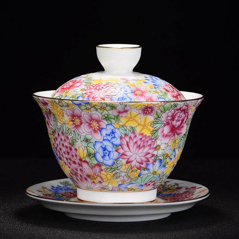 陶瓷盖碗茶杯茶具手绘珐琅彩三才盖碗中号仿古万花盖碗粉彩泡茶杯
