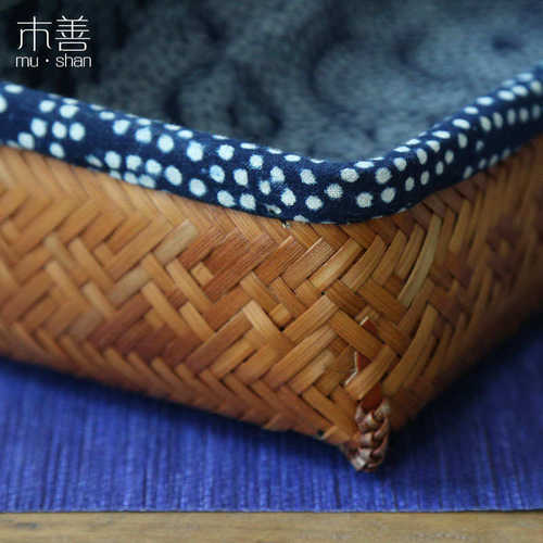 OQ5M 竹编筐带内衬 茶室收纳 复古做旧色收纳筐 长方形茶具茶篓