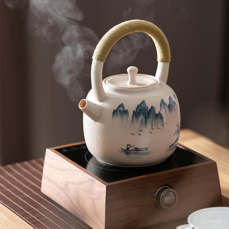 复古手绘提梁壶茶具功夫茶壶烧水壶陶瓷煮茶壶陶壶大号大容量明火