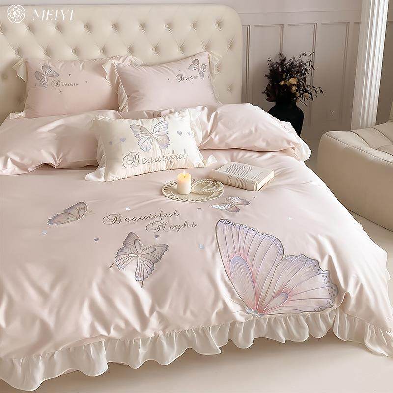少女心裸睡100S床单四件套长绒棉全棉纯棉蝴蝶刺绣被套罩床上用品