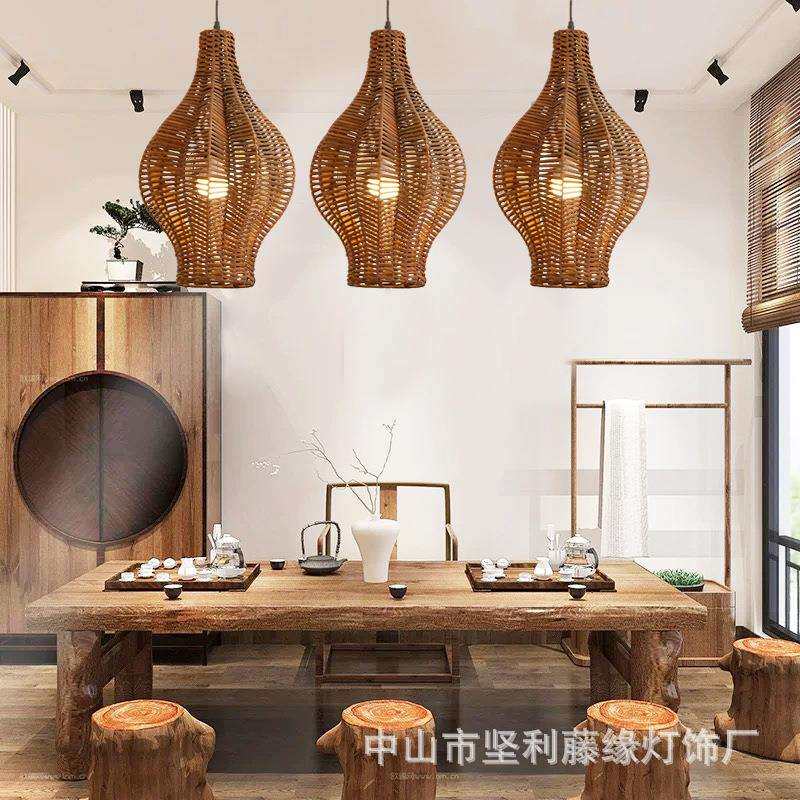 户外花园防水吊灯复古田园仿真藤条编织阳台灯民宿东南亚风吊灯