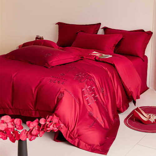 中式纯棉结婚四件套婚庆全棉床单被套酒红色喜被新婚嫁房床上用品