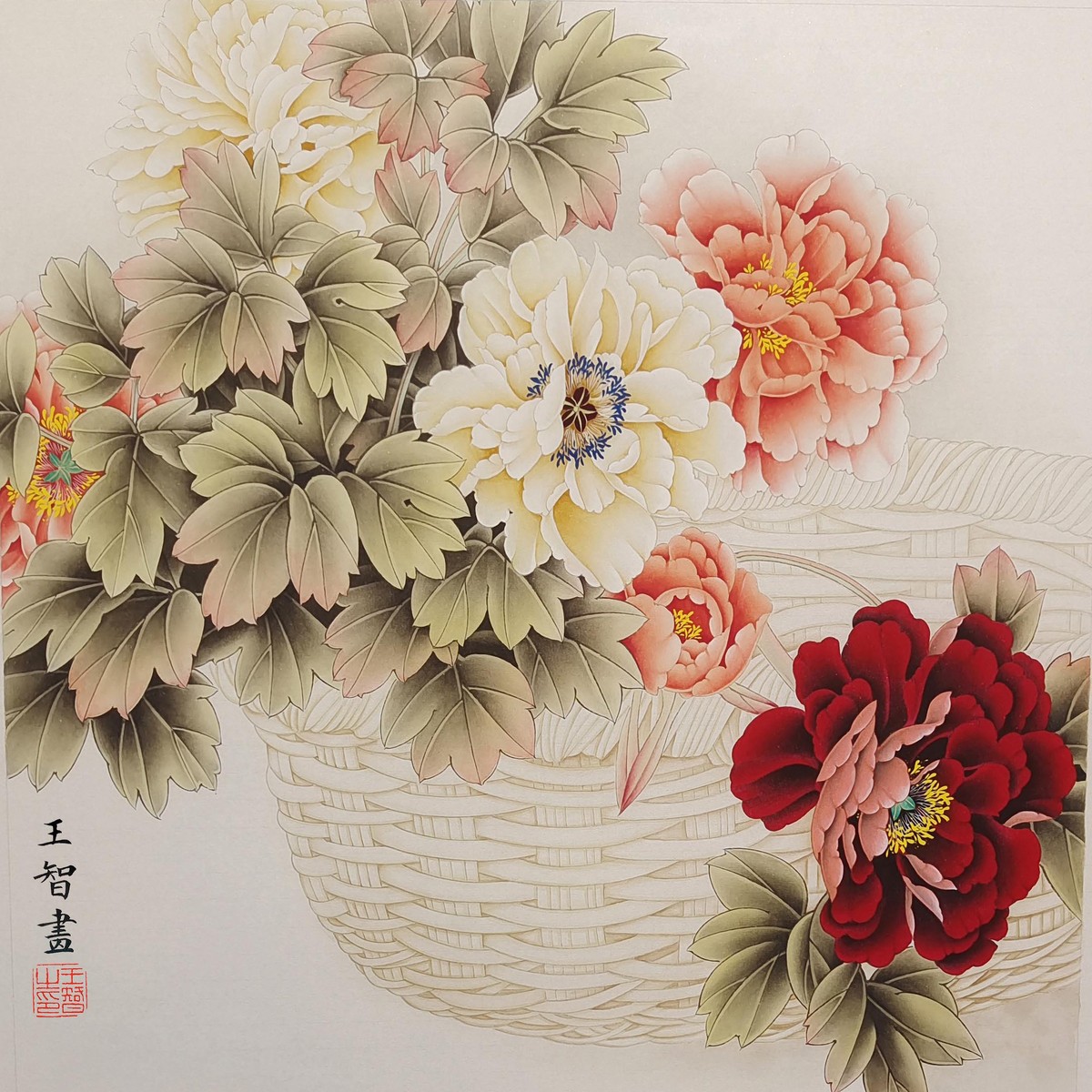 高清素材手勾可上色工笔画白描底稿四尺斗方牡丹花篮线稿花卉线描
