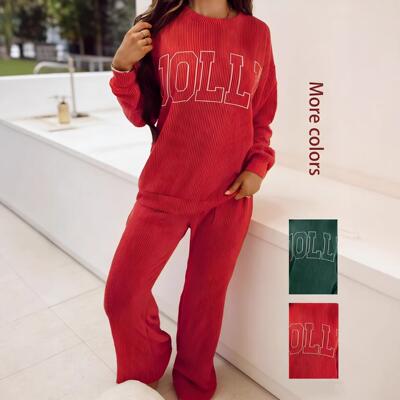 Women Christmas Fiery Red Corduroy Two Outfits JOLLY Print