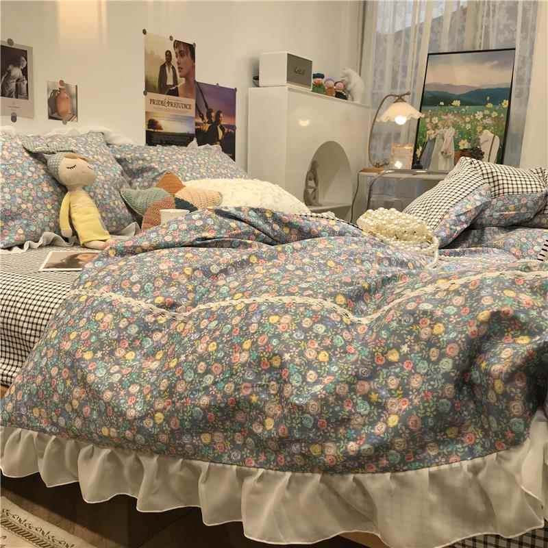 正品韩式田园花风1小碎床上四纯件套全棉棉被套蓝色.5m1.8公主少