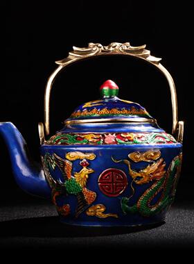 仿古铜摆件 铜景泰蓝 珐琅龙凤茶壶 酒壶家居装饰礼品工艺品
