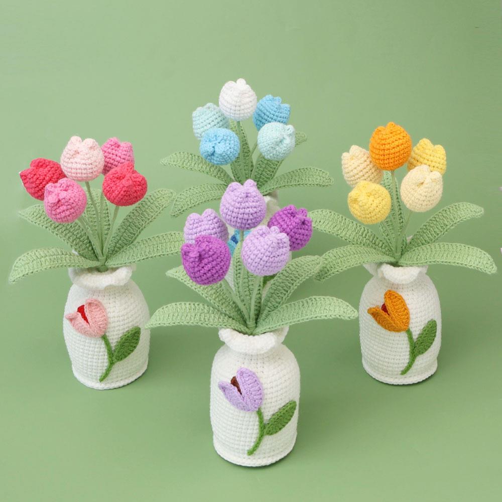 成品手工钩织郁金香花瓶家居摆件毛线编织郁金香仿真花桌面小摆件