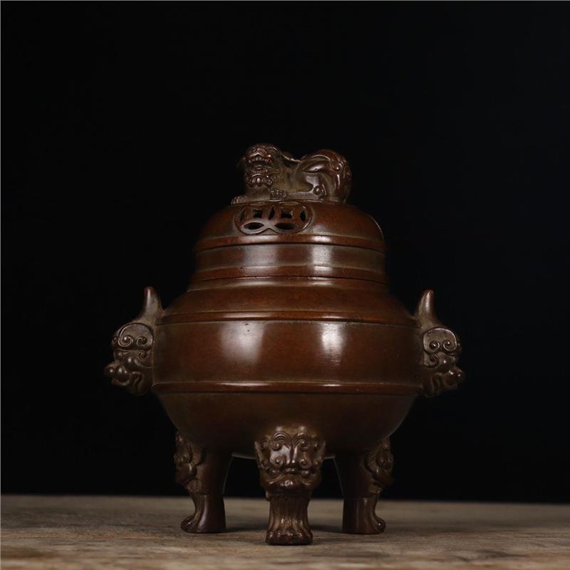 精品典藏苏工精炼铜兽耳狮钮熏炉铜器古玩家居书房客厅摆件