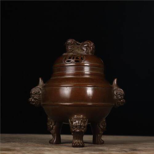 精品典藏苏工精炼铜兽耳狮钮熏炉铜器古玩家居书房客厅摆件