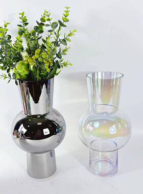 现代简约家居电镀银色玻璃花瓶花器摆件售楼处软装饰品几何花瓶