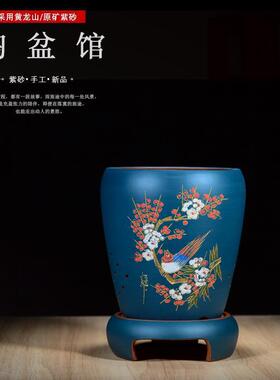 紫砂兰花花盆墨兰建兰君子兰盆室内吊篮带托盘宜兴兰花盆透气