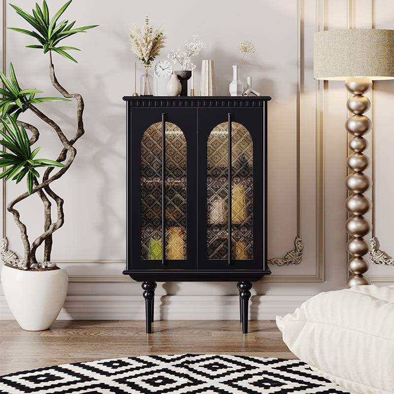 法式复古风餐边柜轻奢实木家用客厅感应灯玻璃门酒柜入户玄关柜