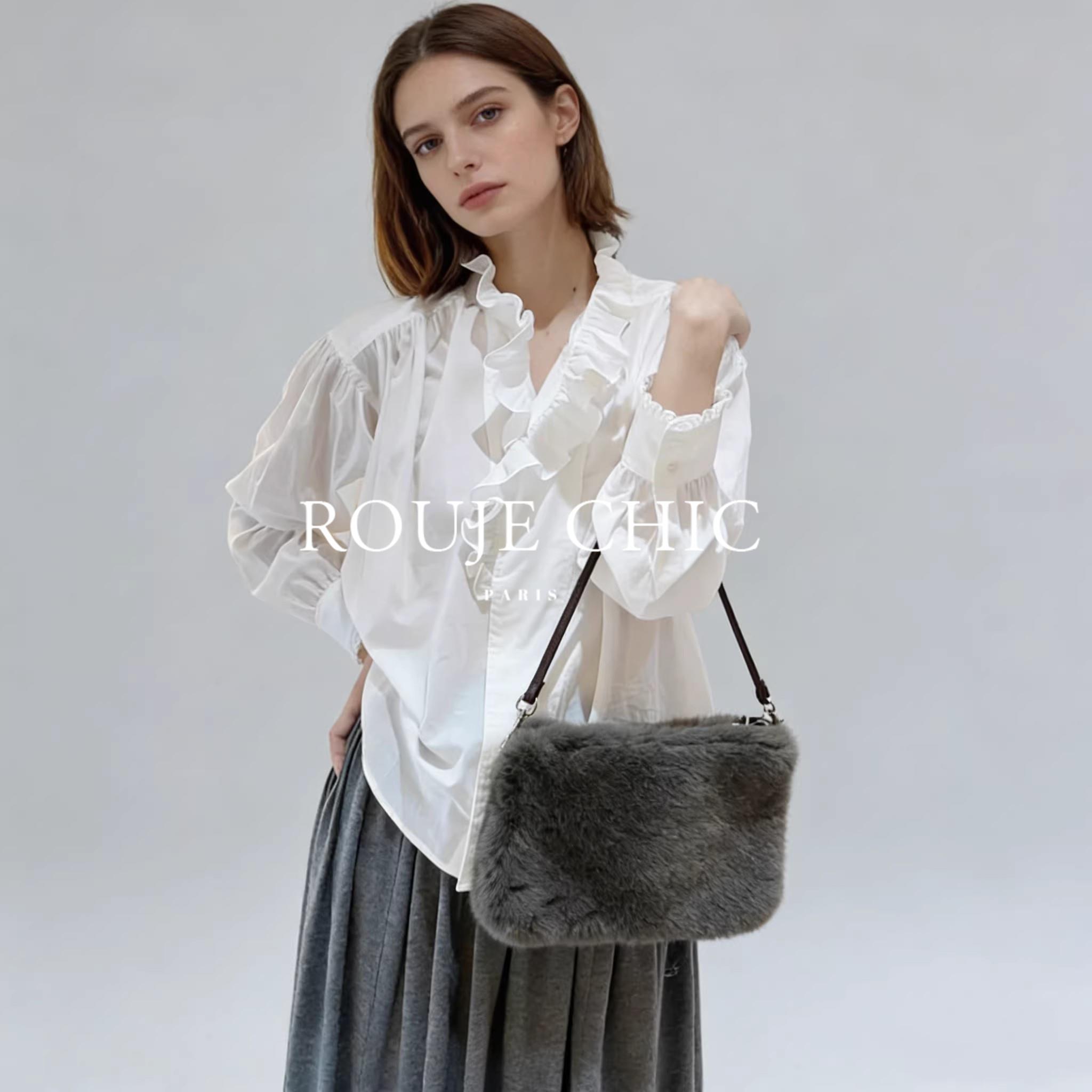 法国rouje chic春季温柔风木耳边拼接宽松衬衫女法式立领百搭衬衣