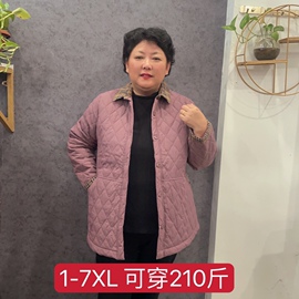 翻领衬衫棉服薄款棉衣格纹撞色特大码妈妈装冬季中老年棉袄外套