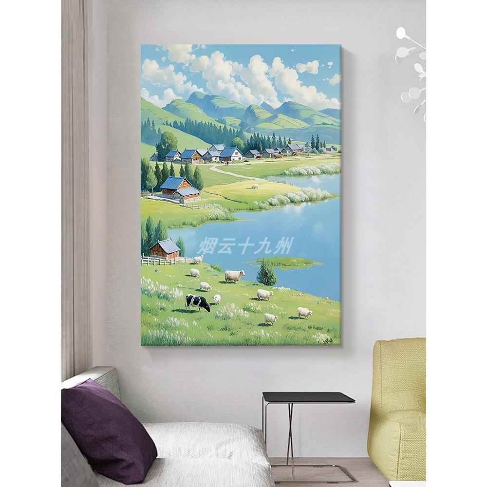 治愈系风景手绘油画客厅小清新自然风光装饰画玄关牛羊群草原挂画图片