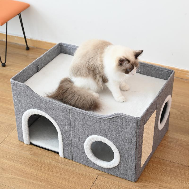 双层四季通用亚麻猫窝幼猫半封闭式可折叠房子猫抓板猫别墅躲避屋