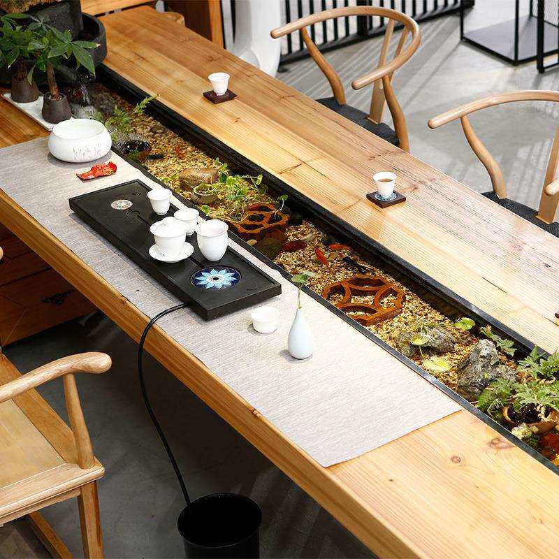 中式办公室实流水LAI养鱼茶桌茶室板茶台功大木泡茶桌椅组夫办公